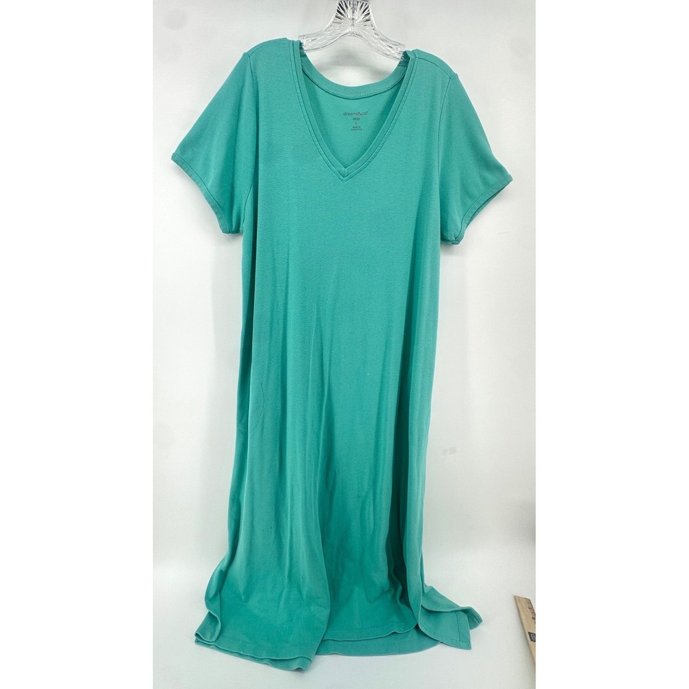 Dreams & Co Womens Plus 18/20 L Teal Green V-Neck Maxi Nightgown with Pockets